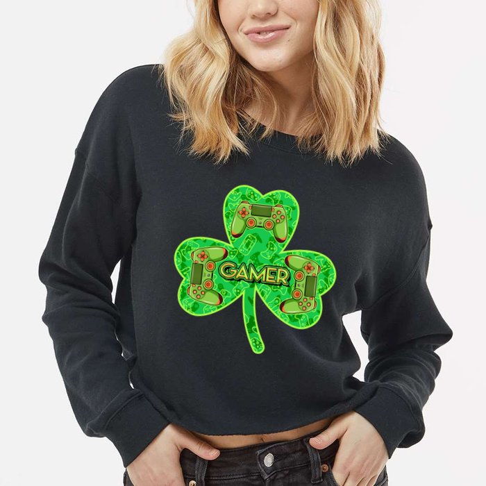 St Patrick's Day Shamrock Gamer Cropped Pullover Crew