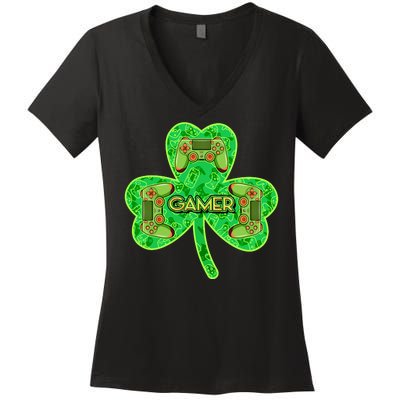 St Patrick's Day Shamrock Gamer Women's V-Neck T-Shirt