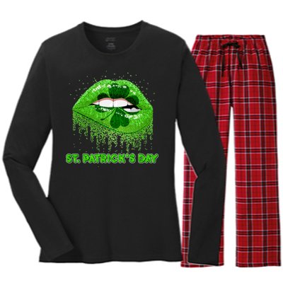 St Patrick's Day Shamrock Irish Lips Women's Long Sleeve Flannel Pajama Set 