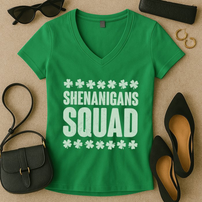 St Patrick's Day Shenanigans Squad Shamrocks Clover Women's V-Neck T-Shirt