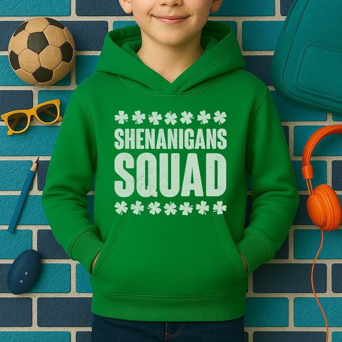 St Patrick's Day Shenanigans Squad Shamrocks Clover Kids Hoodie