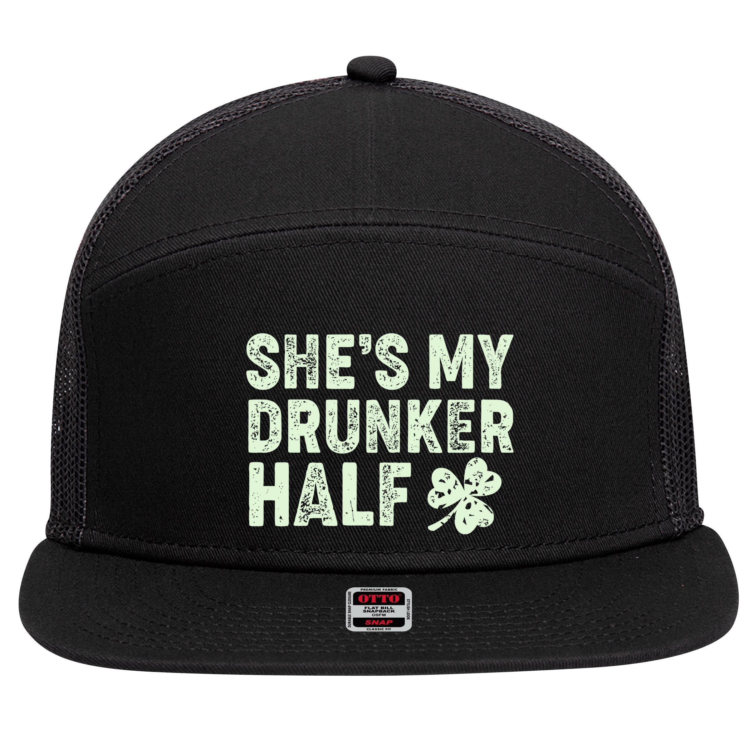 St Patrick's Day She's My Drunker Half Matching Couple's 7 Panel Mesh Trucker Snapback Hat