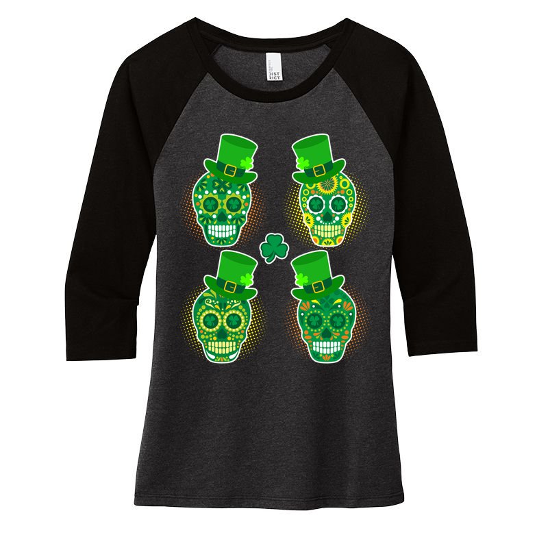St Patrick's Day Sugar Skulls Women's Tri-Blend 3/4-Sleeve Raglan Shirt