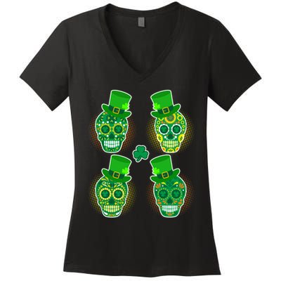 St Patrick's Day Sugar Skulls Women's V-Neck T-Shirt