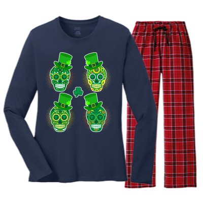 St Patrick's Day Sugar Skulls Women's Long Sleeve Flannel Pajama Set 