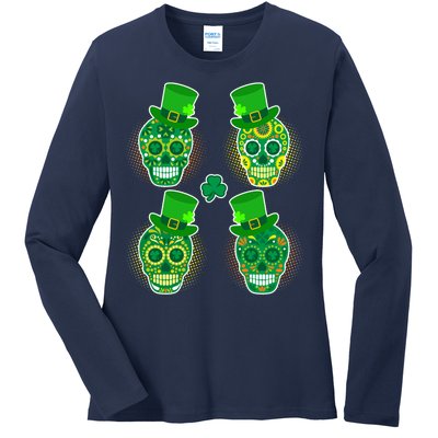 St Patrick's Day Sugar Skulls Ladies Long Sleeve Shirt