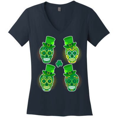 St Patrick's Day Sugar Skulls Women's V-Neck T-Shirt