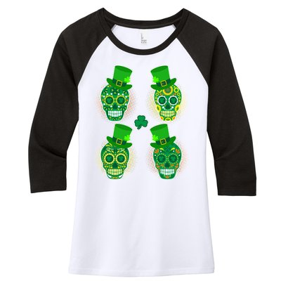 St Patrick's Day Sugar Skulls Women's Tri-Blend 3/4-Sleeve Raglan Shirt