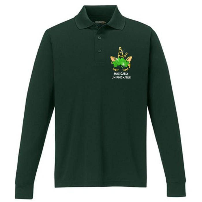 St Patrick's Day Unicorn Magically Un-Pinchable Performance Long Sleeve Polo