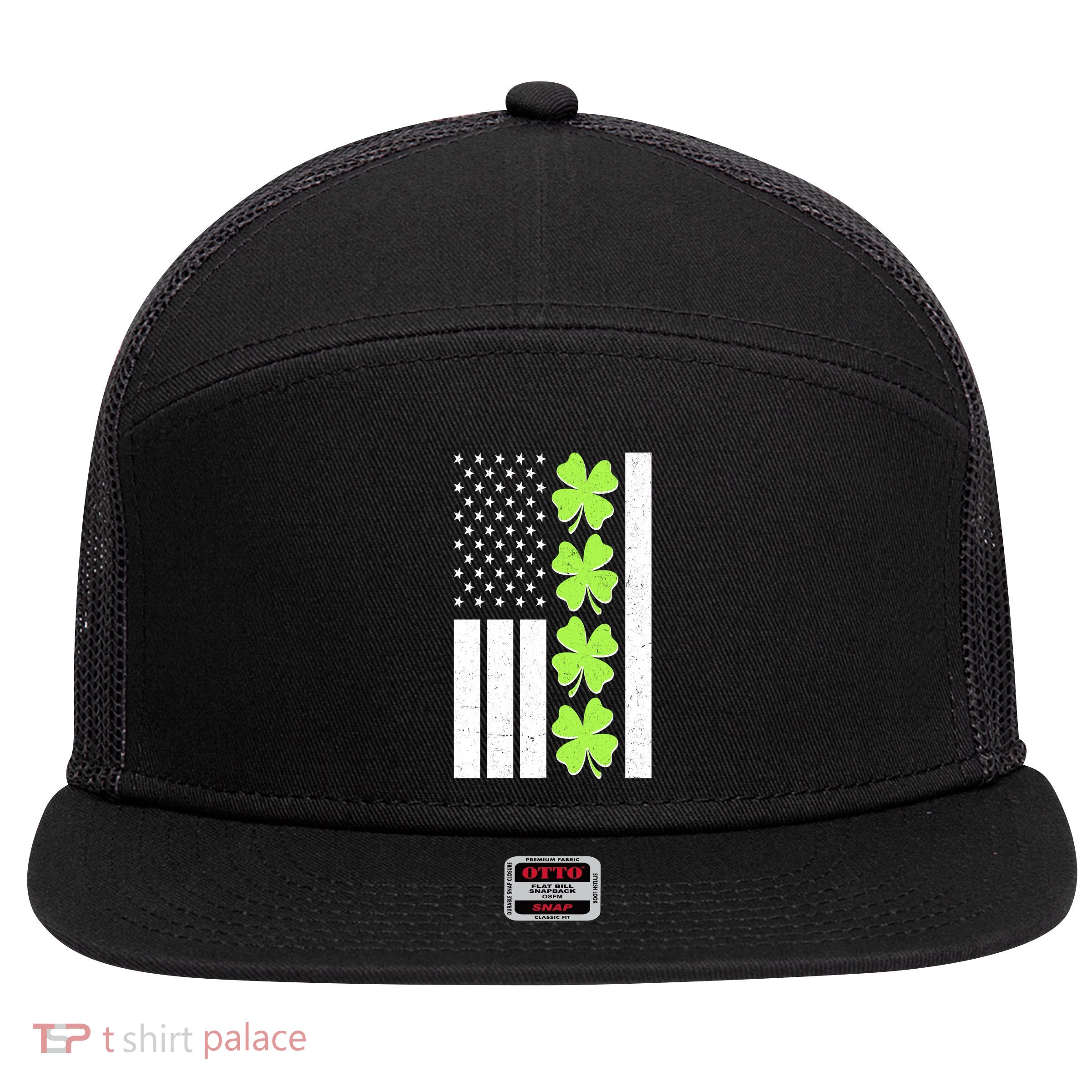 St Patrick's Day USA American Flag Shamrock Clovers 7 Panel Mesh Trucker Snapback Hat