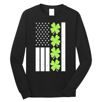 St Patrick's Day USA American Flag Shamrock Clovers Long Sleeve Shirt