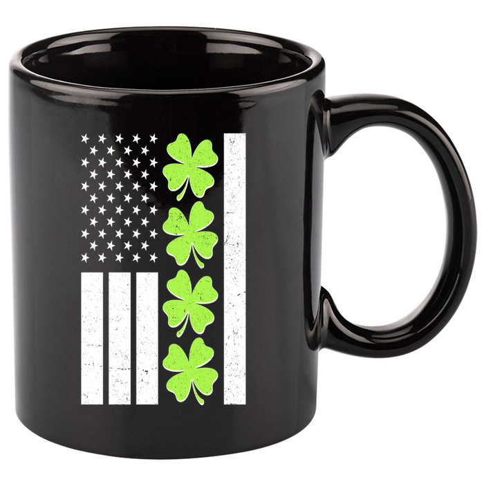 St Patrick's Day USA American Flag Shamrock Clovers 11oz C Handle Ceramic Mug