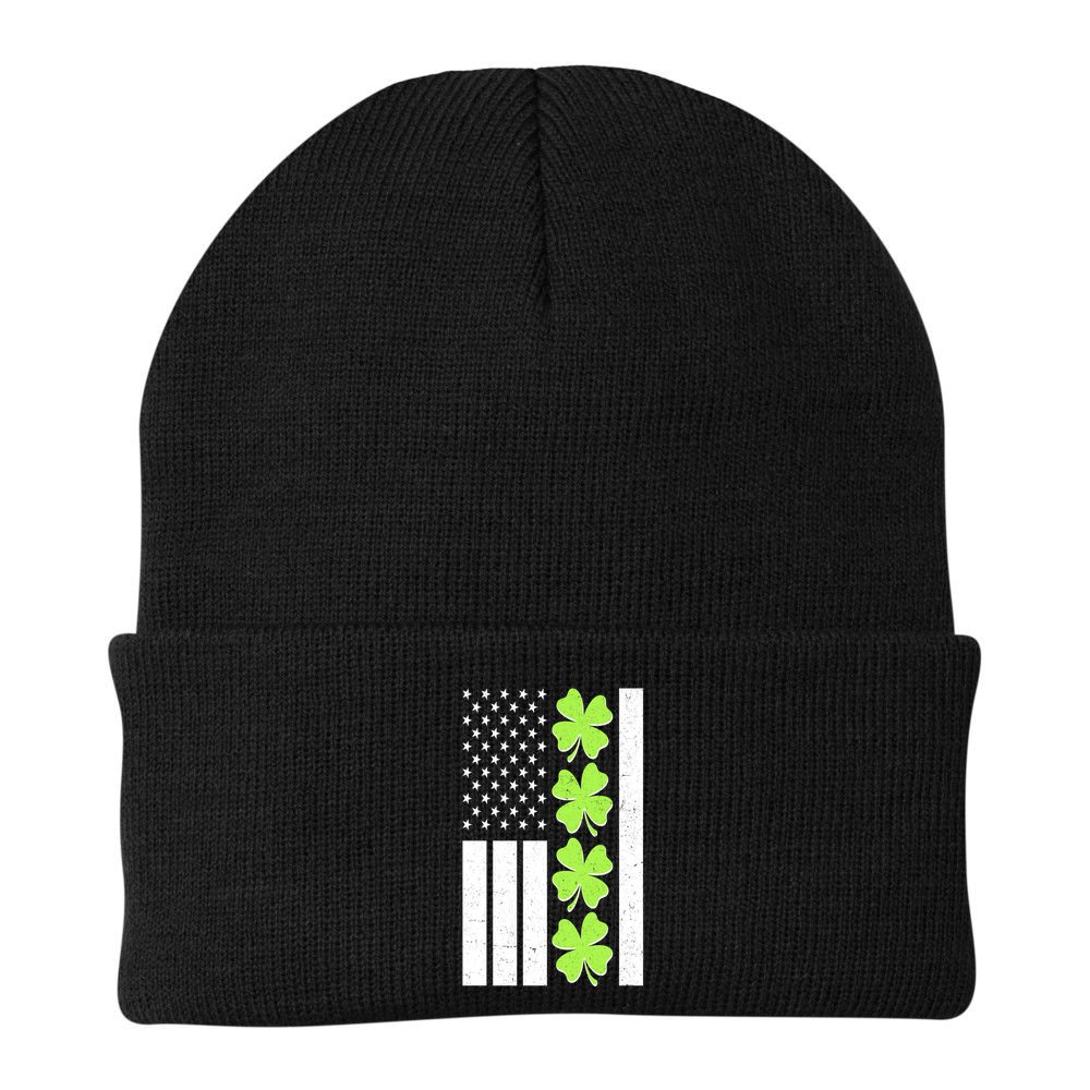 St Patrick's Day USA American Flag Shamrock Clovers Beanie