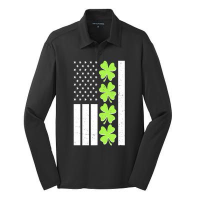 St Patrick's Day USA American Flag Shamrock Clovers Silk Touch Performance Long Sleeve Polo