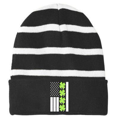 St Patrick's Day USA American Flag Shamrock Clovers Striped Beanie with Solid Band