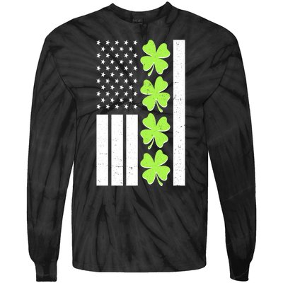 St Patrick's Day USA American Flag Shamrock Clovers Tie-Dye Long Sleeve Shirt