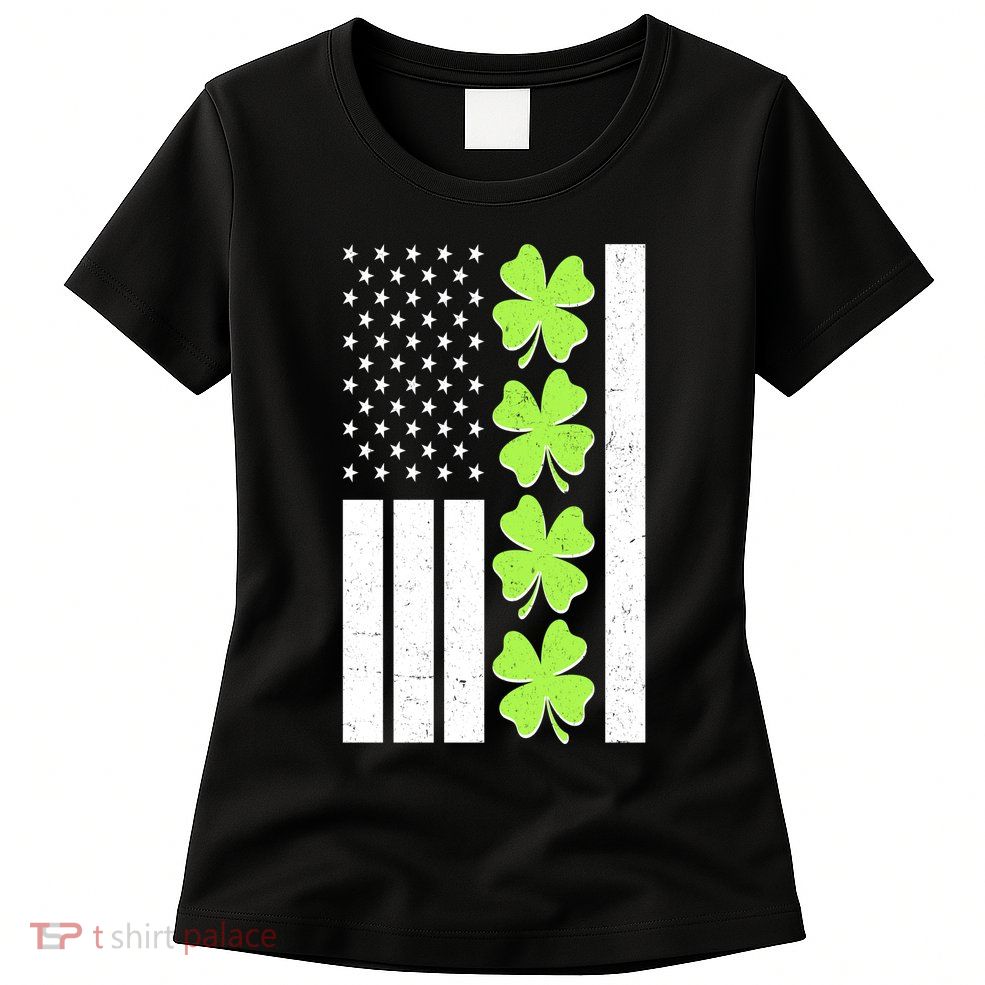 St Patrick's Day USA American Flag Shamrock Clovers Womens T-Shirt