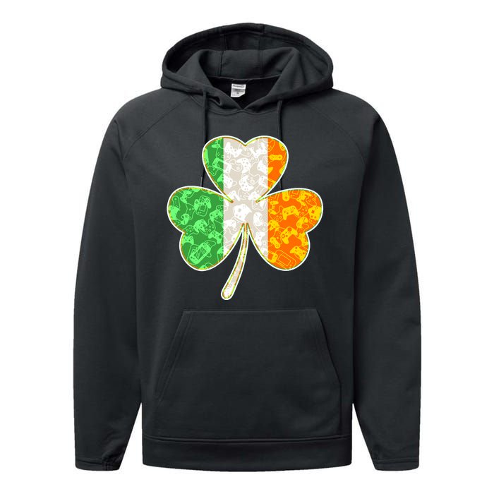 St Patrick's Day Video Gamer Shamrock Clover Performance Fleece Hoodie