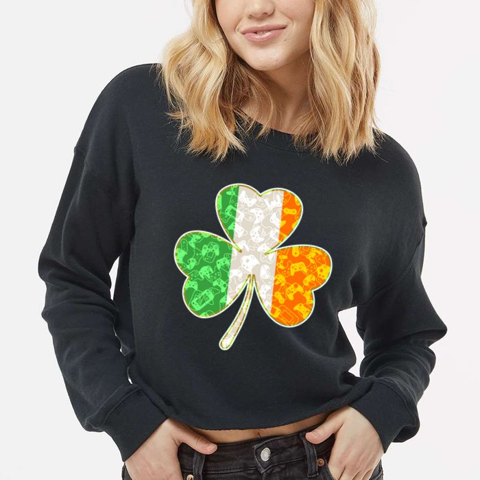 St Patrick's Day Video Gamer Shamrock Clover Cropped Pullover Crew