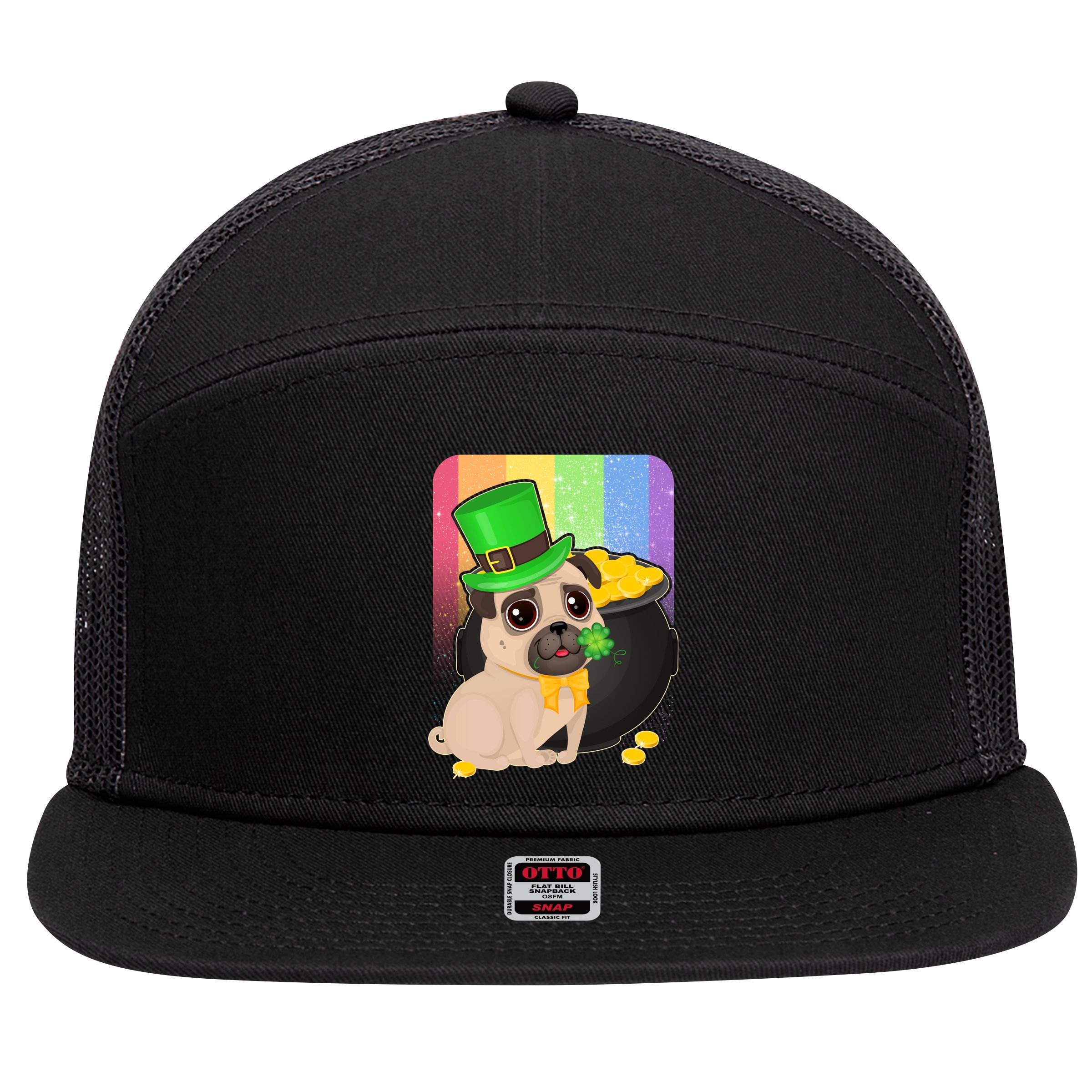 St Patrick's Pug Pot Of Gold 7 Panel Mesh Trucker Snapback Hat