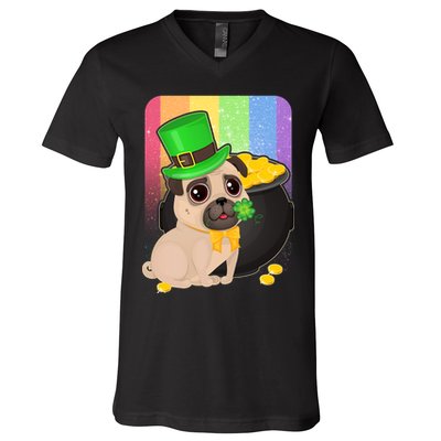 St Patrick's Pug Pot Of Gold V-Neck T-Shirt