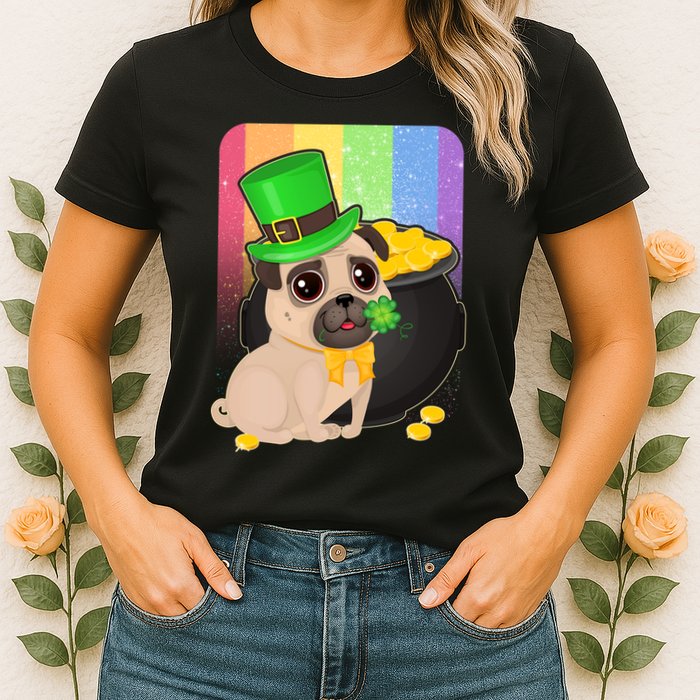 St Patrick's Pug Pot Of Gold Womens T-Shirt