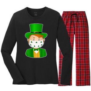 St Pattys Day Quarantine Leprechaun Masked Women's Long Sleeve Flannel Pajama Set 