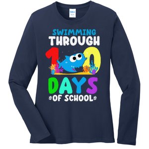 Swimming Through 100 Days Of School Funny Shark Ladies Long Sleeve Shirt