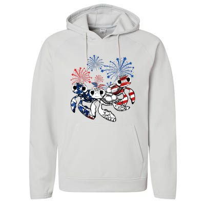 Sea Turtles 4th Of July American Usa Flag Patriotic Performance Fleece Hoodie