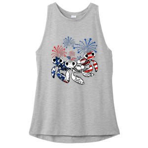 Sea Turtles 4th Of July American Usa Flag Patriotic Ladies PosiCharge Tri-Blend Wicking Tank