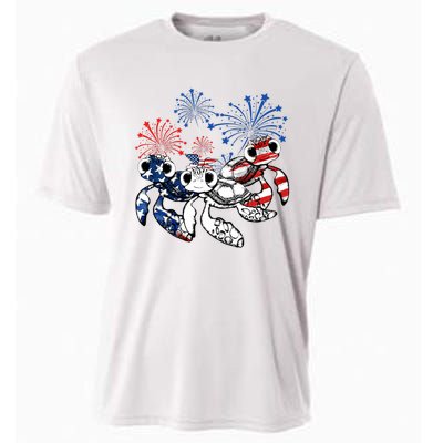 Sea Turtles 4th Of July American Usa Flag Patriotic Cooling Performance Crew T-Shirt