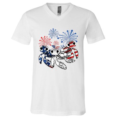 Sea Turtles 4th Of July American Usa Flag Patriotic V-Neck T-Shirt