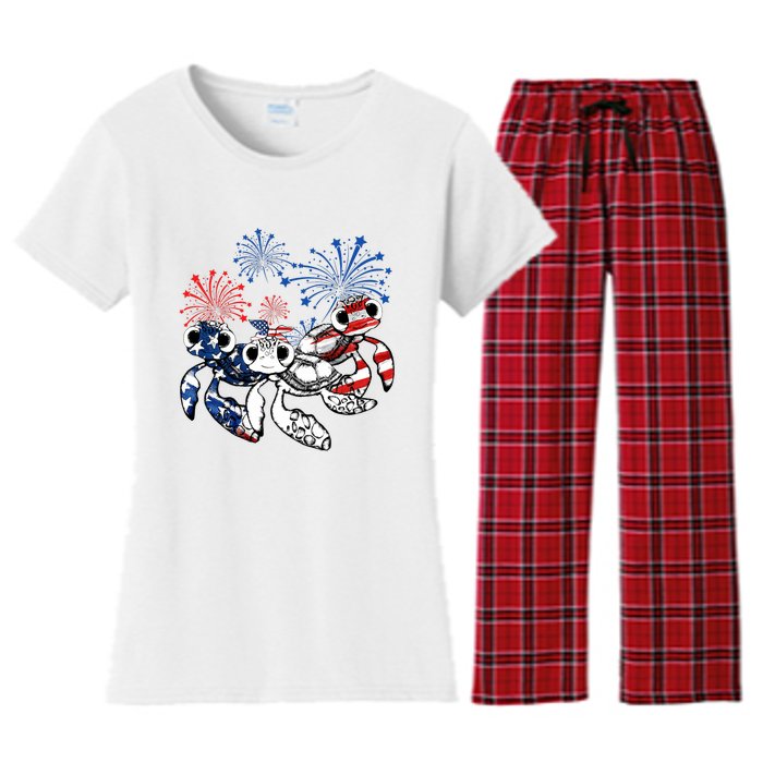 Sea Turtles 4th Of July American Usa Flag Patriotic Women's Flannel Pajama Set