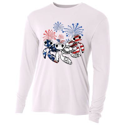 Sea Turtles 4th Of July American Usa Flag Patriotic Cooling Performance Long Sleeve Crew