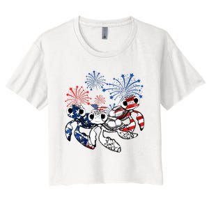 Sea Turtles 4th Of July American Usa Flag Patriotic Women's Crop Top Tee