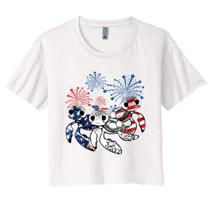 Sea Turtles 4th Of July American Usa Flag Patriotic Women's Crop Top Tee