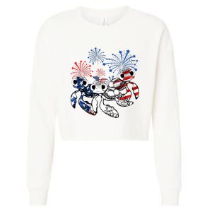 Sea Turtles 4th Of July American Usa Flag Patriotic Cropped Pullover Crew