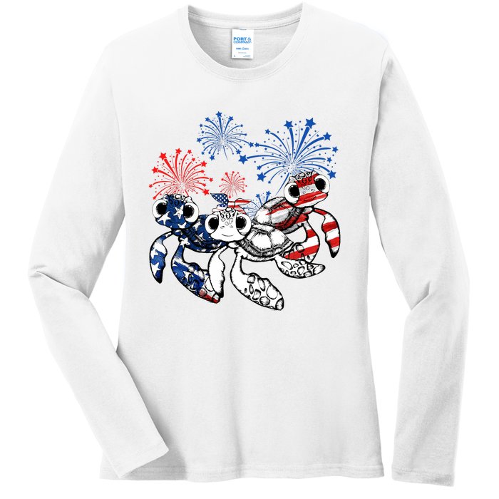 Sea Turtles 4th Of July American Usa Flag Patriotic Ladies Long Sleeve Shirt