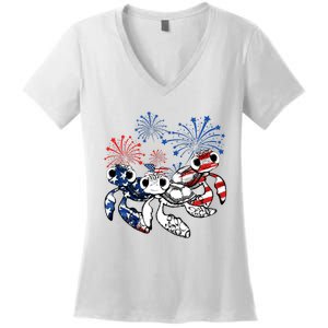 Sea Turtles 4th Of July American Usa Flag Patriotic Women's V-Neck T-Shirt