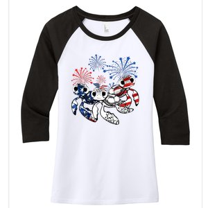 Sea Turtles 4th Of July American Usa Flag Patriotic Women's Tri-Blend 3/4-Sleeve Raglan Shirt