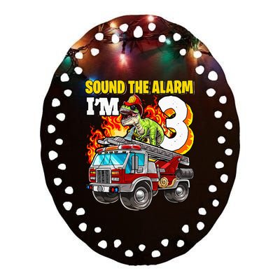 Sound the Alarm I'm 3 Dinosaur Firefighter 3rd Birthday Ceramic Oval Ornament