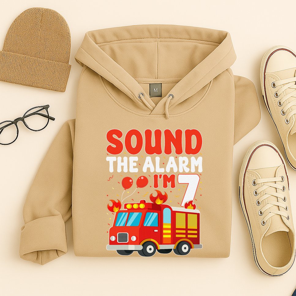 Sound The Alarm IM 7 Fire Truck Firefighter 7th Birthday Hoodie