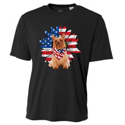 Silky Terrier American Flag Sunflower Dog Lovers 4th Of July Cooling Performance Crew T-Shirt