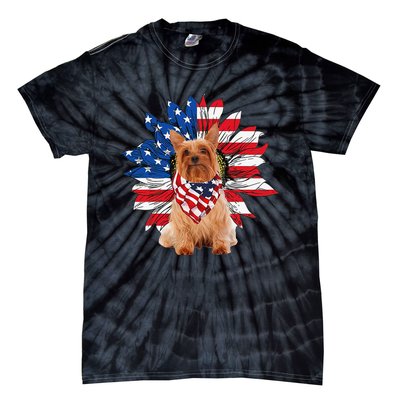 Silky Terrier American Flag Sunflower Dog Lovers 4th Of July Tie-Dye T-Shirt