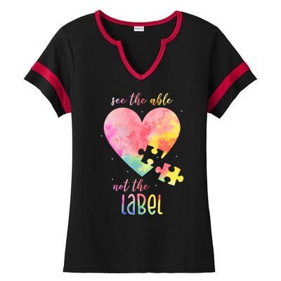 See The Able Not The Label Colorful Autism Puzzle Heart Ladies Halftime Notch Neck Tee