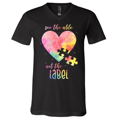 See The Able Not The Label Colorful Autism Puzzle Heart V-Neck T-Shirt