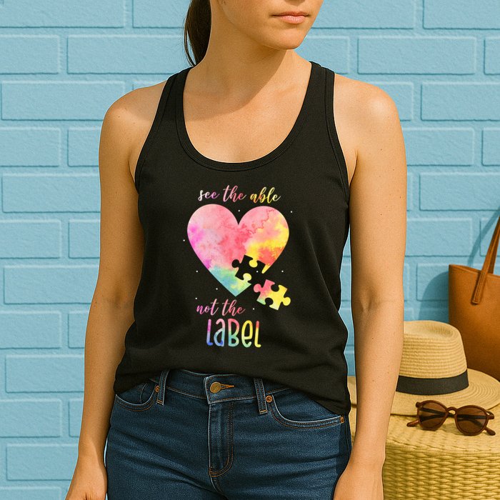 See The Able Not The Label Colorful Autism Puzzle Heart Womens Tank Top