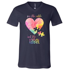 See The Able Not The Label Colorful Autism Puzzle Heart V-Neck T-Shirt