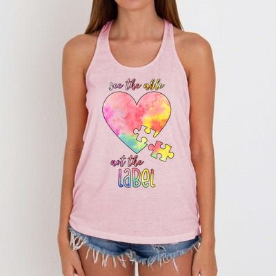 See The Able Not The Label Colorful Autism Puzzle Heart Women's Knotted Racerback Tank