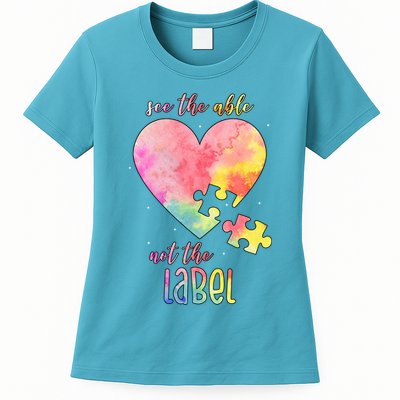 See The Able Not The Label Colorful Autism Puzzle Heart Womens T-Shirt